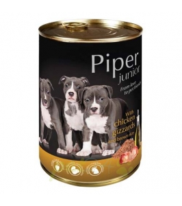 Konzerva pre psa PIPER Junior s kuracími žalúdkami a hnedou ryžou 400g